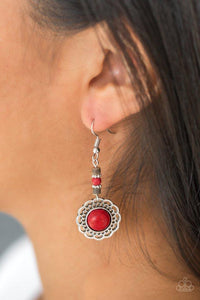 Paparazzi Desert Bliss - Red Dainty silver, red stone, and wooden beads give way to a shimmery silver floral frame featuring a matching stone center for a seasonal look. Earring attaches to a standard fishhook fitting.

