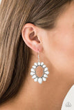 Paparazzi Fashionista Flavor - White Faceted white teardrops flare from a studded silver hoop, coalescing into a flirty frame. Earring attaches to a standard fishhook fitting.

