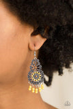 Paparazzi Courageously Congo - Yellow Dainty yellow and brown beads are pressed into an ornate silver frame swirling with filigree detail. Dainty beaded tassels swing from the bottom of the lure, creating a whimsical fringe. Earring attaches to standard fishhook fitting.

