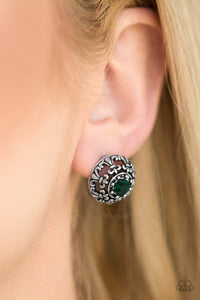 Paparazzi Courtly Courtliness - Green - Earrings  -  A glittery green rhinestone dots the center of a shimmery silver frame swirling with regal filigree detail for a refined look. Earring attaches to a standard post fitting.
