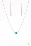 Paparazzi Fashionably Fantabulous - Blue - Necklace  -  Featuring a regal marquise style cut, a glassy blue gem attaches to two shimmery silver chains, creating a stationary pendant below the collar for a refined look. Features an adjustable clasp closure.
