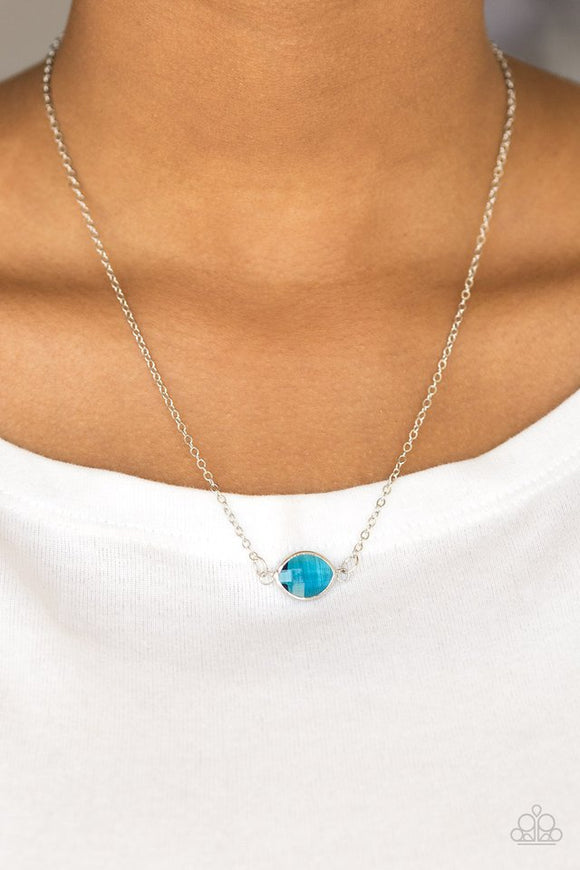 Paparazzi Fashionably Fantabulous - Blue - Necklace  -  Featuring a regal marquise style cut, a glassy blue gem attaches to two shimmery silver chains, creating a stationary pendant below the collar for a refined look. Features an adjustable clasp closure.
