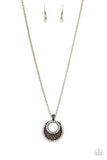 Paparazzi Net Worth - Brass - Necklace  -  Featuring a brass net-like pattern, a white rhinestone encrusted crescent shaped frame swings from the bottom of a lengthened brass chain, creating a refined 3-dimensional pendant. Features an adjustable clasp closure.
