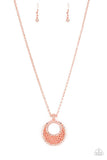 Paparazzi Net Worth - Copper - Necklace  -  Featuring a shiny copper net-like pattern, a peach rhinestone encrusted crescent shaped frame swings from the bottom of a lengthened shiny copper chain, creating a refined 3-dimensional pendant. Features an adjustable clasp closure.
