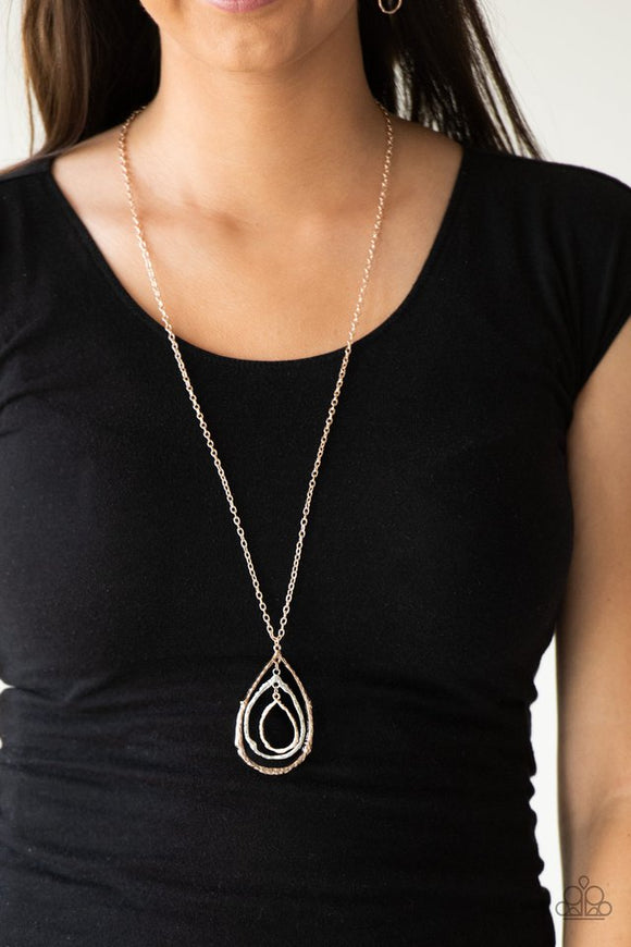 Paparazzi Going For Grit - Gold - Necklace  -  Brushed in a high-sheen shimmer, delicately hammered rose gold and silver teardrop silhouettes swing from the bottom of a lengthened rose gold chain for a rustic look. Features an adjustable clasp closure.

