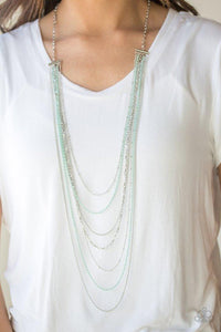 Paparazzi Radical Rainbows - Green Mismatched silver chains alternate with dainty green chains down the chest, creating a colorful industrial look. Features an adjustable clasp closure.

