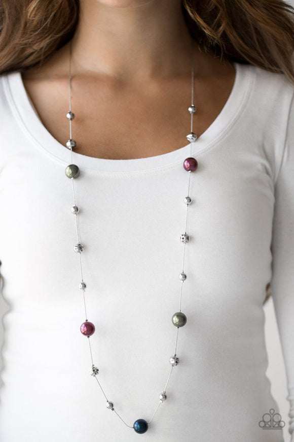 Paparazzi Eloquently Eloquent - Multi - Necklace  -  Infused with pearly multicolored accents, classic silver and delicately hammered silver beads trickle along an elegantly elongated silver chain for a refined look. Features an adjustable clasp closure.
