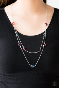 Paparazzi Raise Your Glass - Multi - Necklace  -  Varying in size, glassy multicolored gems trickle along dainty silver chains, creating sparkling layers across the chest. Features an adjustable clasp closure.
