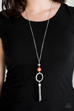 Paparazzi Bold Balancing Act - Orange Infused with a lengthened silver chain, a faceted crystal-like bead, an oversized pearly orange bead, and a hammered silver hoop give way to a shimmery silver tassel for a refined look. Features an adjustable clasp closure.

