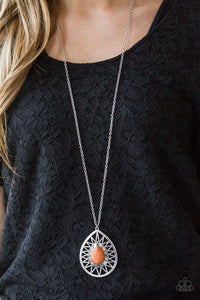 Paparazzi Summer Sunbeam - Orange A vivacious orange stone is pressed into the center of a large silver teardrop radiating with shimmery sunburst patterns. The tribal inspired pendant swings from the bottom of a lengthened silver chain for a dramatic look. Features an adjustable clasp closure.

