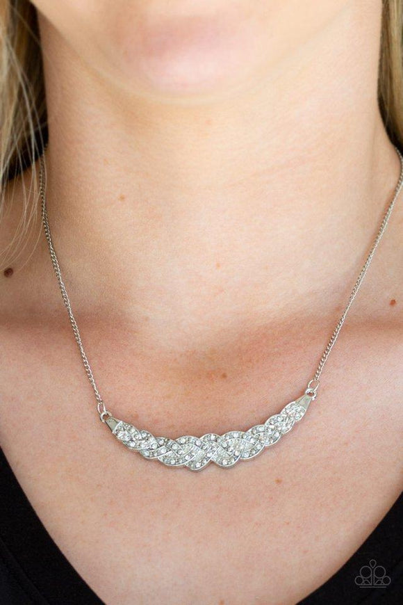 Paparazzi Whatever Floats Your YACHT - White Encrusted in glassy white rhinestones, studded silver bars braid into a bowing pendant below the collar for a refined fashion. Features an adjustable clasp closure.

