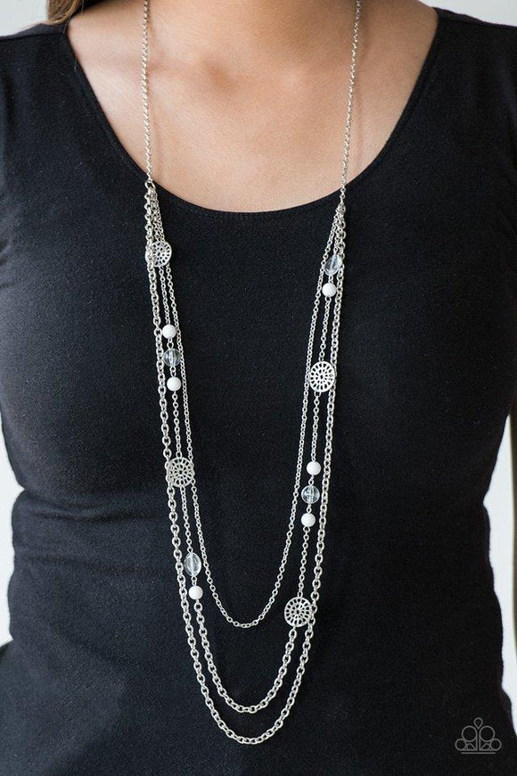 Paparazzi Pretty Poptastic- White Ornate silver accents, glassy beads, and polished white beads trickle along strands of shimmery silver chains for a whimsical look. Features an adjustable clasp closure.

