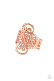 Paparazzi Regal Regalia - Copper - Ring  -  Dainty peach rhinestones are encrusted along a shiny copper frame radiating with regal filigree for a refined look. Features a stretchy band for a flexible fit.
