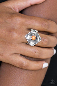 Paparazzi Four Corners Fashion - Orange Embossed and studded in tribal inspired patterns, a tilted square frame sits atop the finger. A vivacious orange stone dots the center of the frame for a seasonal finish. Features a stretchy band for a flexible fit.

