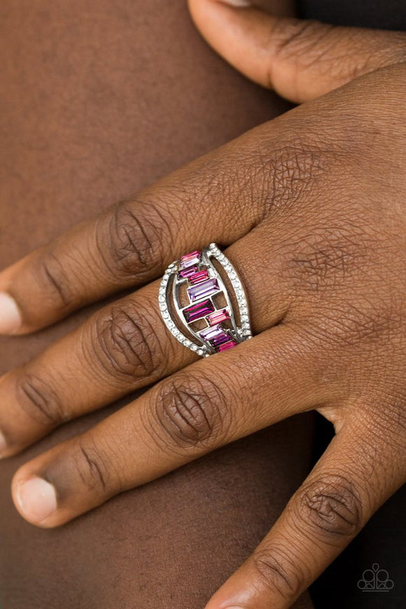 Paparazzi Treasure Chest Charm - Purple - Ring  -  White rhinestone encrusted bands flank a row of emerald cut glass beads in shades of purple for a regal look. Features a stretchy band for a flexible fit.
