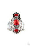 Paparazzi Dune Drifter - Red - Ring  -  Three fiery red stones are pressed into an abstract silver frame radiating with texture and studded details for a seasonal look. Features a stretchy band for a flexible fit.
