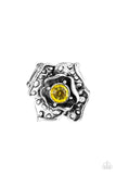 Paparazzi Glowing Gardens - Yellow - Ring  -  Featuring airy cut-out textures, antiqued silver petals gather around a glowing yellow rhinestone center for a whimsical look. Features a stretchy band for a flexible fit.
