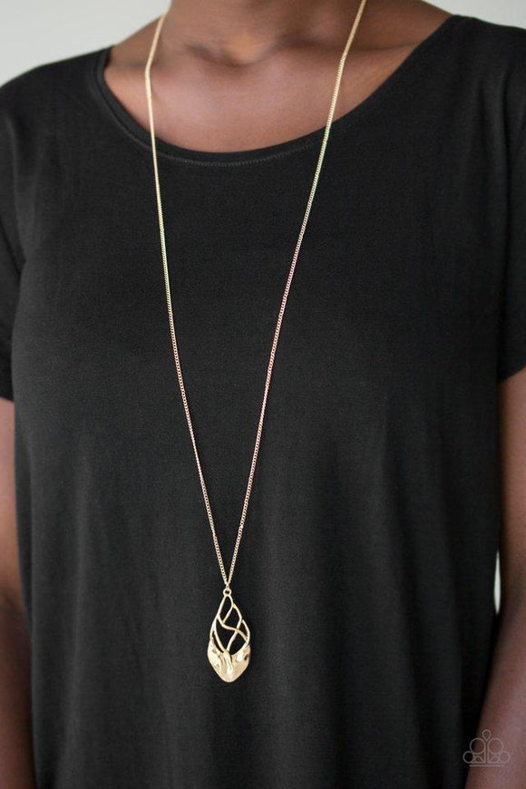 Paparazzi Swank Bank - Gold Swinging from the bottom of an elongated gold chain, twisting gold bars attach to a delicately hammered gold plate, coalescing into a refined pendant. Features an adjustable clasp closure.

