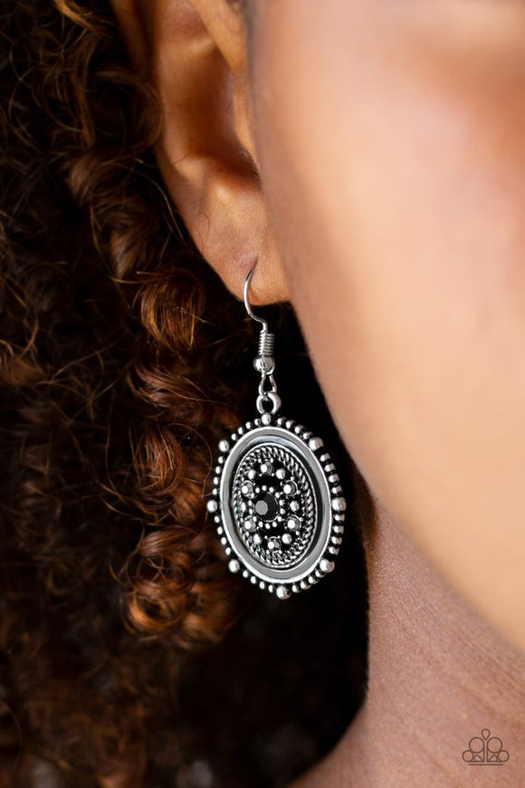 Paparazzi Picture of WEALTH - Black - Earrings  -  Painted in a shiny black finish, a studded silver frame has been encrusted in glassy black and hematite rhinestones for a refined finish. Earring attaches to a standard fishhook fitting.
