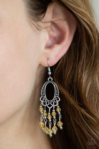 Paparazzi Not The Only Fish In The Sea - Yellow Glassy yellow beads cascade from the bottom of an ornate silver frame, creating a whimsical chandelier. Earring attaches to a standard fishhook fitting.

