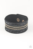 Paparazzi Rebel Radiance - Black - Bracelet  -  Featuring classic round and edgy emerald style cuts, glittery black rhinestones and glistening gold chains are encrusted along bands of black suede for a sassy look. Features an adjustable snap closure.
