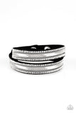 Paparazzi Rocker Rivalry - Black - Bracelet  -  Rows of classic silver chain, flat silver chain, and dainty white rhinestones are encrusted along a black suede band for a sassy look. The elongated band allows for a trendy double wrap design. Features an adjustable snap closure.
