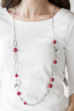 Paparazzi All About Me - Red Oversized red pearls, ornate silver beads, and an array of glistening silver accents trickle along a lengthened silver chain for a refined look. Features an adjustable clasp closure.
