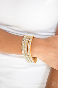 Paparazzi Fashion Fanatic - Yellow - Bracelet  -  Rows of flat silver discs, glassy white rhinestones, and shimmery silver chains are encrusted along yellow suede bands for a sassy look. Features an adjustable snap closure.
