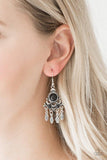 Paparazzi No Place Like HOMESTEAD - Black Dotted with earthy black stone accents, an ornate silver frame gives way to a silver beaded fringe for a seasonal look. Earring attaches to a standard fishhook fitting.

