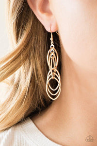 Paparazzi Tangle Tango - Gold  -  A tangle of golden teardrop silhouettes trickle from the ear, creating a casual lure. Earring attaches to a standard fishhook fitting.
