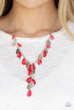 Paparazzi Sailboat Sunsets - Red Flat silver teardrops and red crystal-like teardrops swing from the bottom of a shimmery silver chain below the collar. A matching tassel swings from the center, creating a whimsical extended pendant. Features an adjustable clasp closure.

