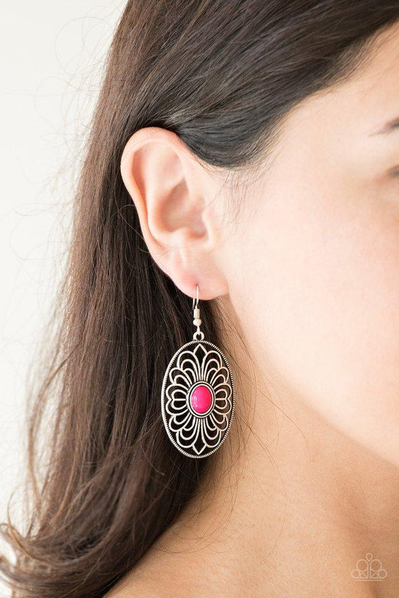 Paparazzi Really Whimsy - Pink  -  Brushed in an antiqued shimmer, glistening silver filigree swirls around a polished pink beaded center for a whimsical look. Earring attaches to a standard fishhook fitting.
