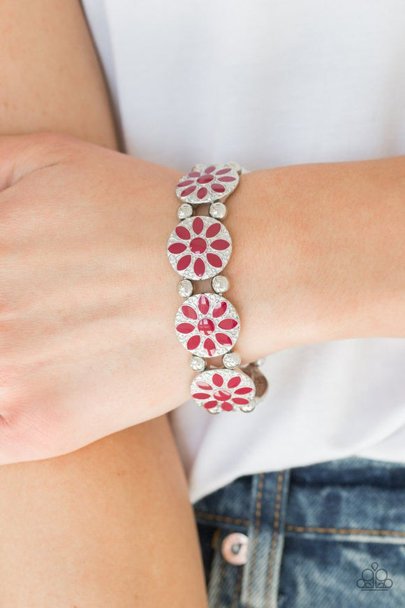 Paparazzi Dancing Dahlias - Red - Bracelet  -  Painted in a rich red finish, ornate silver floral frames are threaded along a stretchy band across the wrist for a seasonal look.

