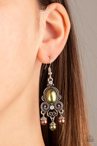 Paparazzi I Better Get GLOWING - Multi - Earrings  -  Dotted silver filigree spins around a pearly green bead and dainty white rhinestones, coalescing into a regal frame. A pearly fringe swings from the bottom of the frame for a refined finish. Earring attaches to a standard fishhook fitting.
