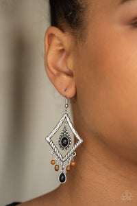Paparazzi Southern Sunsets - Multi  -  Featuring a shiny black bead, a studded silver teardrop swings from the top of a kite-shaped silver frame. Dainty brown beads and wooden accents swing from the bottom of a hammered frame, creating a seasonal fringe. Earring attaches to a standard fishhook fitting.
