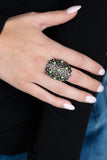 Paparazzi Floral Fancies - Green  -  Dainty green beads are sprinkled across a shimmery frame swirling with silver filigree, creating a whimsical floral frame atop the finger. Features a stretchy band for a flexible fit.
