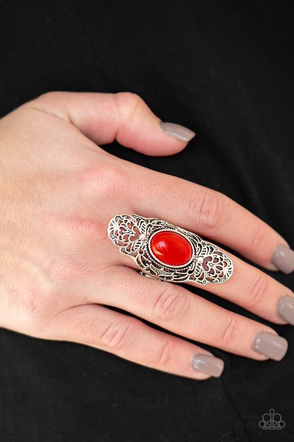Paparazzi Flair for the Dramatic - Red A fiery red bead is pressed into a dramatic silver frame swirling with airy heart-shape filigree patterns for a whimsical look. Features a stretchy band for a flexible fit.
