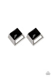 Paparazzi Stellar Square - Black - Earrings  -  Featuring a refined square-cut, a faceted black rhinestone is pressed into a 3-dimensional silver frame for an edgy look. Earring attaches to a standard post fitting.
