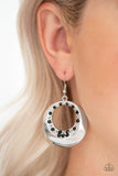 Paparazzi Ringed In Refinement - Black The inside of a shiny silver hoop is dotted in silver studs and glittery black rhinestones for a refined look. Earring attaches to a standard fishhook fitting.

