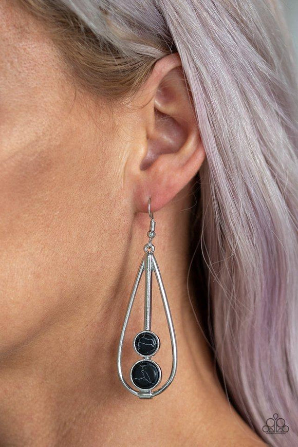 Paparazzi Nature Nova - Black Featuring a faux marble finish, smooth black stones are stacked in an airy silver teardrop frame for a seasonal flair. Earring attaches to a standard fishhook fitting.
