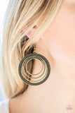 Paparazzi Totally Textured- Brass Radiating with smooth, studded, and rope-like textures, mismatched brass hoops join into a rippling frame for a tribal inspired look. Earring attaches to a standard fishhook fitting.

