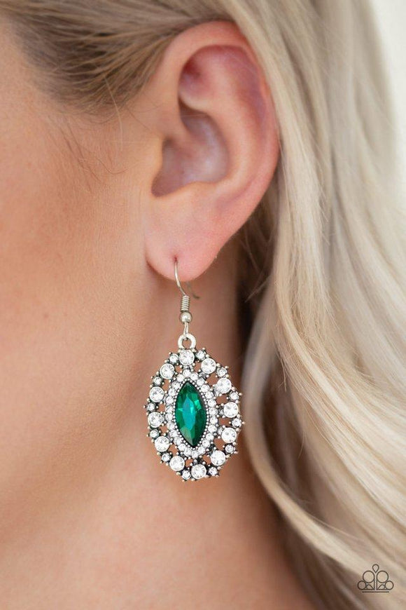 Paparazzi Long May She Reign - Green Featuring a regal marquise style cut, a glittery green rhinestone is pressed into a studded silver frame radiating with glassy white rhinestones for a timeless look. Earring attaches to a standard fishhook fitting.
