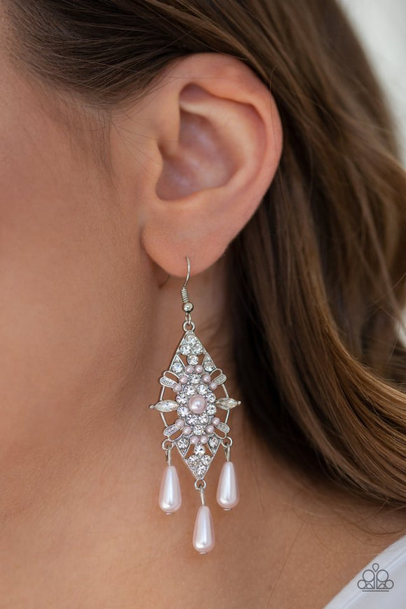 Paparazzi Majestic Mood - Pink - Earrings  -  Dotted with dainty pink pearls, a silver kite-shaped frame is encrusted in glassy white rhinestones. Teardrop pearls swing from the bottom of the sparkling frame for a refined flair. Earring attaches to a standard fishhook fitting.
