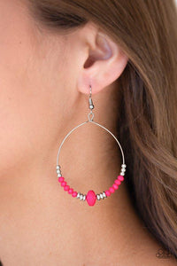Paparazzi Retro Rural - Pink  -  Dainty pink and silver beads slide along the bottom of a silver wire hoop for a seasonal flair. Earring attaches to a standard fishhook fitting.

