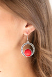 Paparazzi Mesa Mood - Red A fiery red stone is pressed into the bottoms of a delicately hammered hoop stamped with tribal inspired patterns for a seasonal look. Earring attaches to a standard fishhook fitting.

