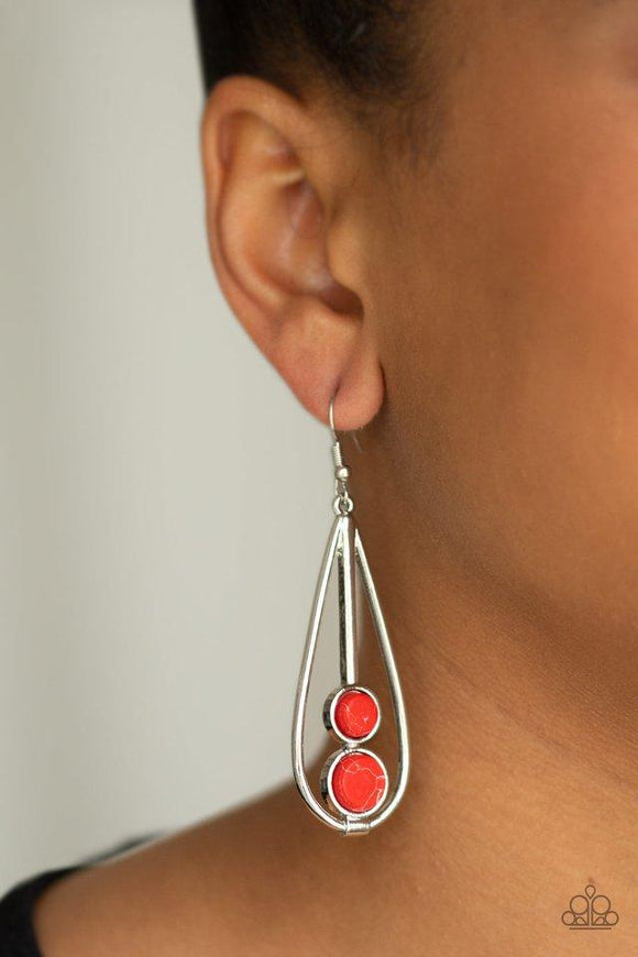 Paparazzi Natural Nova - Red Featuring a faux marble finish, smooth red stones are stacked in an airy silver teardrop frame for a seasonal flair. Earring attaches to a standard fishhook fitting.

