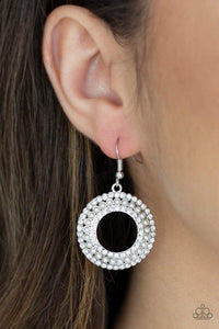 Paparazzi Sparkle Splurge - Silver A ring of dainty gray pearls is flanked by rings of glassy white rhinestones, coalescing into a timeless piece. Earring attaches to a standard fishhook fitting.

