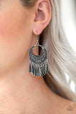 Paparazzi Mesa Majesty - Silver  -  Studded silver teardrops swing from the bottom of an ornate silver hoop radiating with tribal inspired patterns for an indigenous flair. Earring attaches to a standard fishhook fitting.

