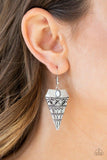 Paparazzi Jurassic Journey - White Stamped and embossed in tribal inspired patterns, an antiqued triangular frame swings from the ear. A dainty white bead is pressed into the top of the frame for a refreshing splash of color. Earring attaches to a standard fishhook fitting.

