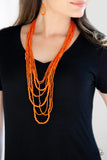 Paparazzi Totally Tonga - Orange  -  Varying in size, row after row of vivacious orange seed beads cascade down the chest, creating summery layers. Features an adjustable clasp closure.
